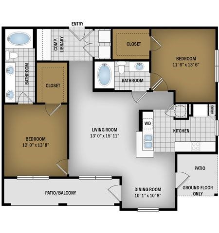 Floor plan for 2 beds, 2 baths, 1153 sqft